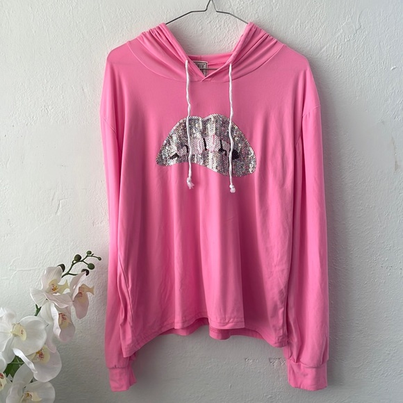 Mentally Exhausted Pink Hoodie with Sparkly Sequin Lips - Picture 1 of 5